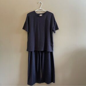 Reitmans Navy Wide Leg Pajama Set Purple Heart Print – Top XL Bottom XXL GUC